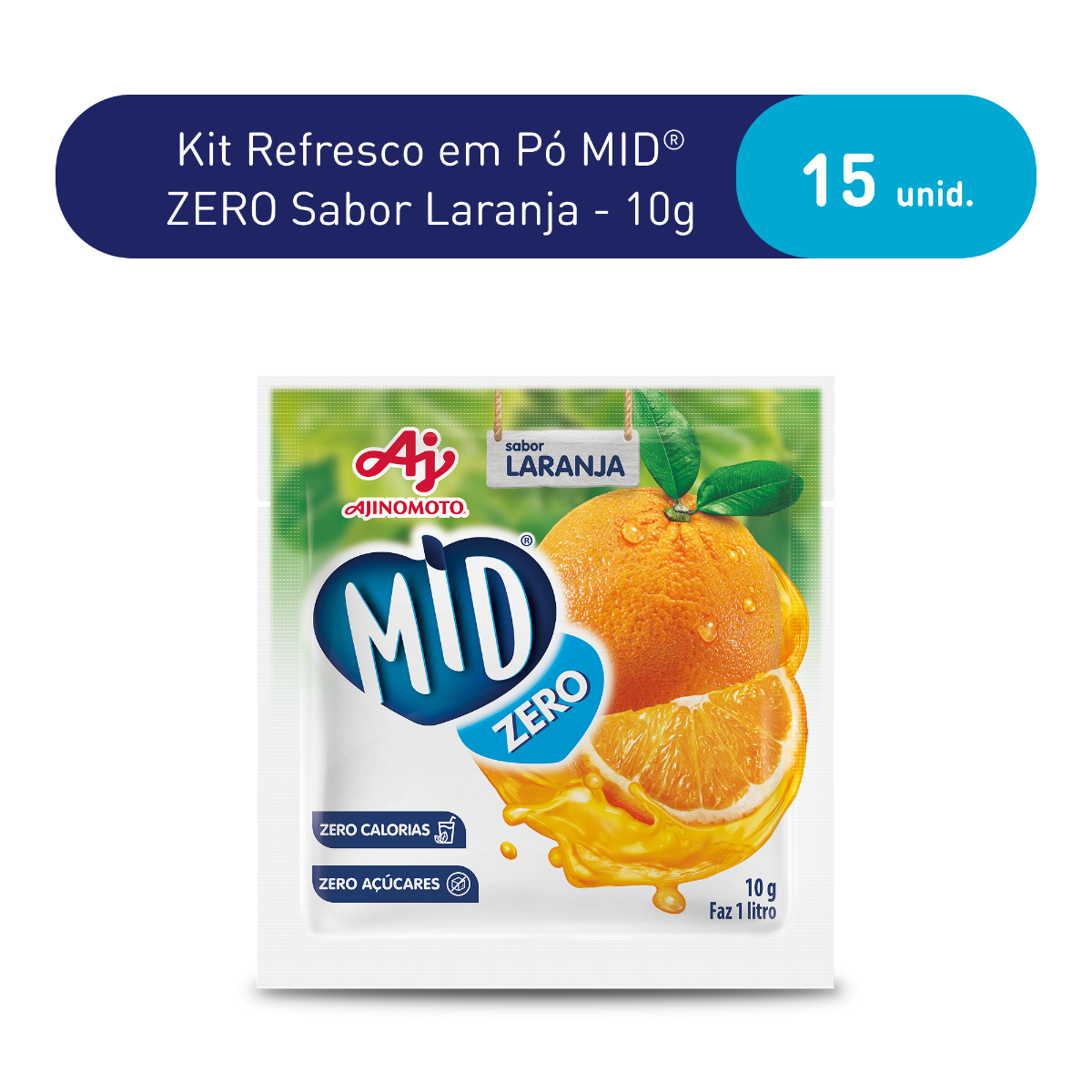 Kit Refresco em Pó MID ZERO®  Sabor Laranja Com 15 Unidades de 10g