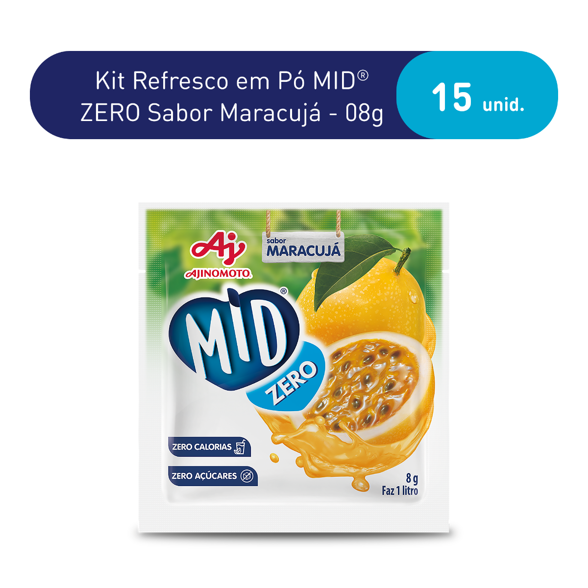 Kit Refresco em Pó MID ZERO®  Sabor Maracujá Com 15 Unidades de 8g