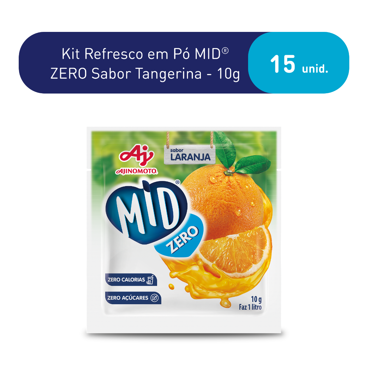 Kit Refresco em Pó MID ZERO®   Sabor Tangerina Com 15 Unidades de 10g