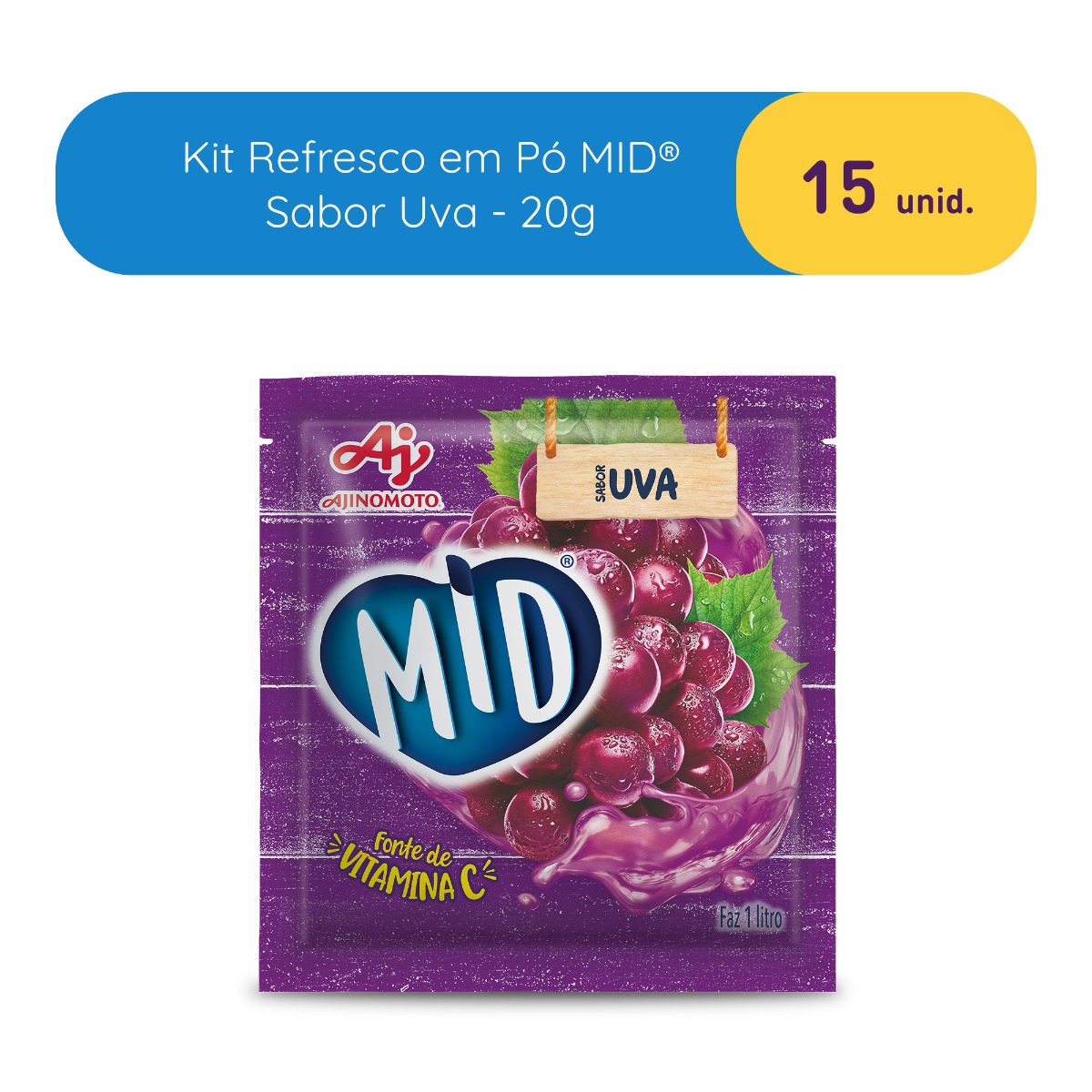Kit Refresco em Pó MID® Sabor Uva Com 15 Unidades de 20g