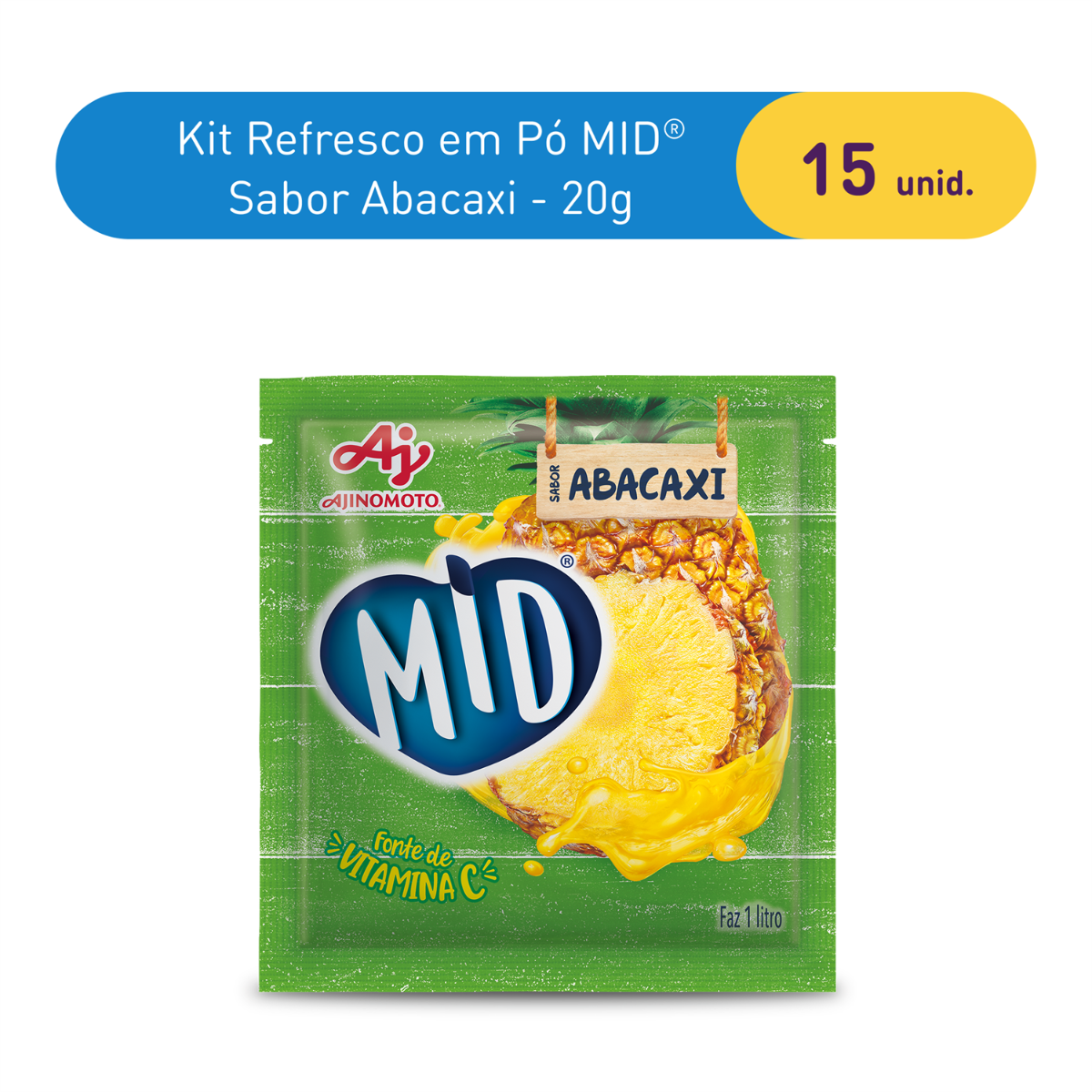 Kit Refresco em Pó MID® Sabor Abacaxi Com 15 Unidades de 20g