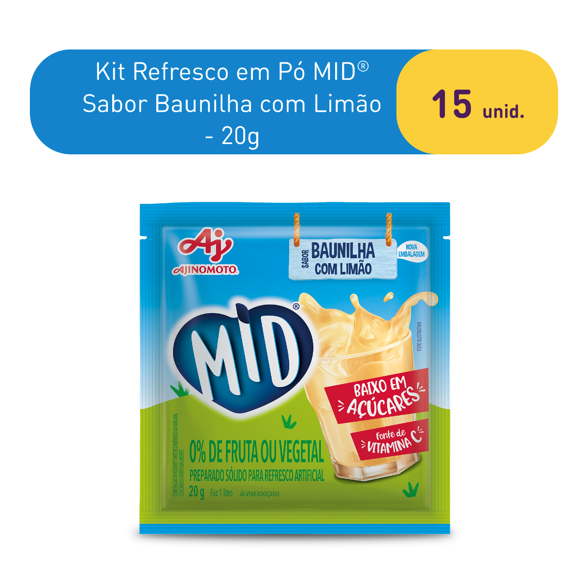 Kit Refresco em Pó MID® Sabor Baunilha Com Limão Com 15 Unidades de 20g