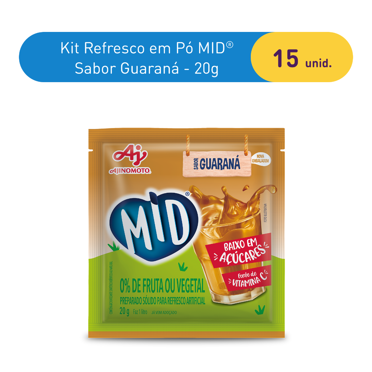 Kit Refresco em Pó MID® Sabor Guaraná Com 15 Unidades de 20g