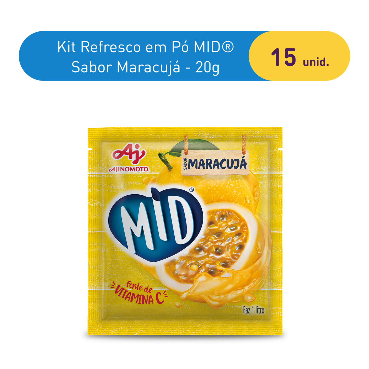 Kit Refresco em Pó MID® Sabor Maracujá Com 15 Unidades de 20g