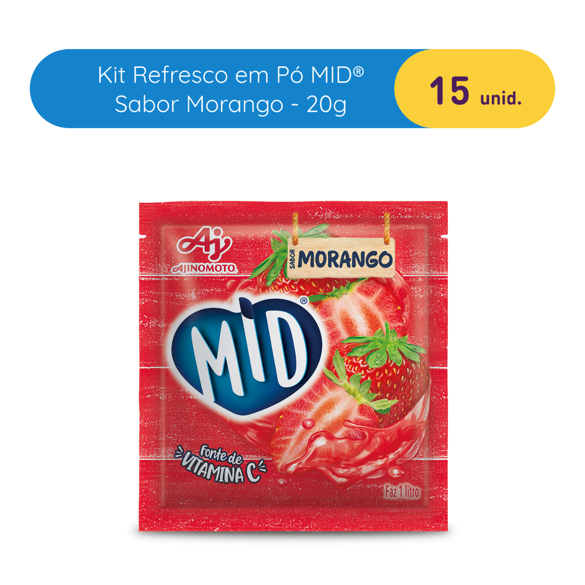 Kit Refresco em Pó MID® Sabor Morango Com 15 Unidades de 20g