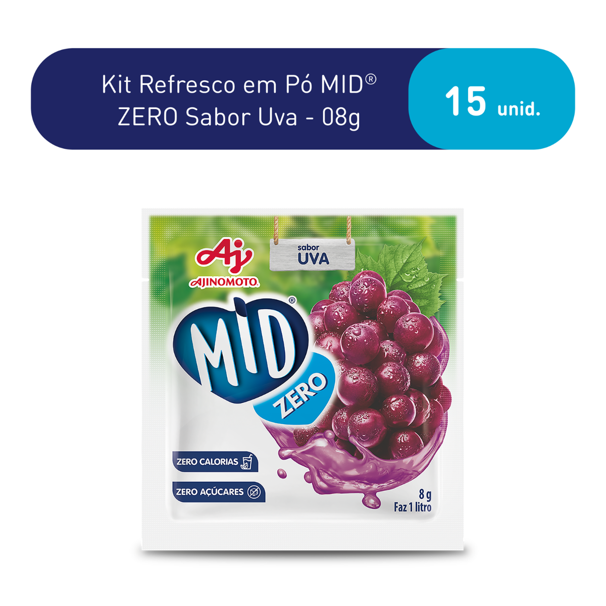 Kit Refresco em Pó MID ZERO®  Sabor Uva Com 15 Unidades de 8g
