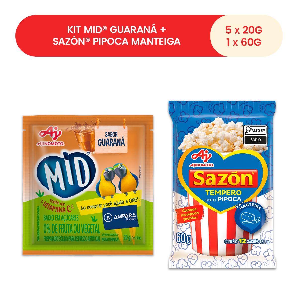 Kit MID® Guaraná + SAZÓN® Pipoca Manteiga - 5 Refrescos 20g + 1 Tempero 60g