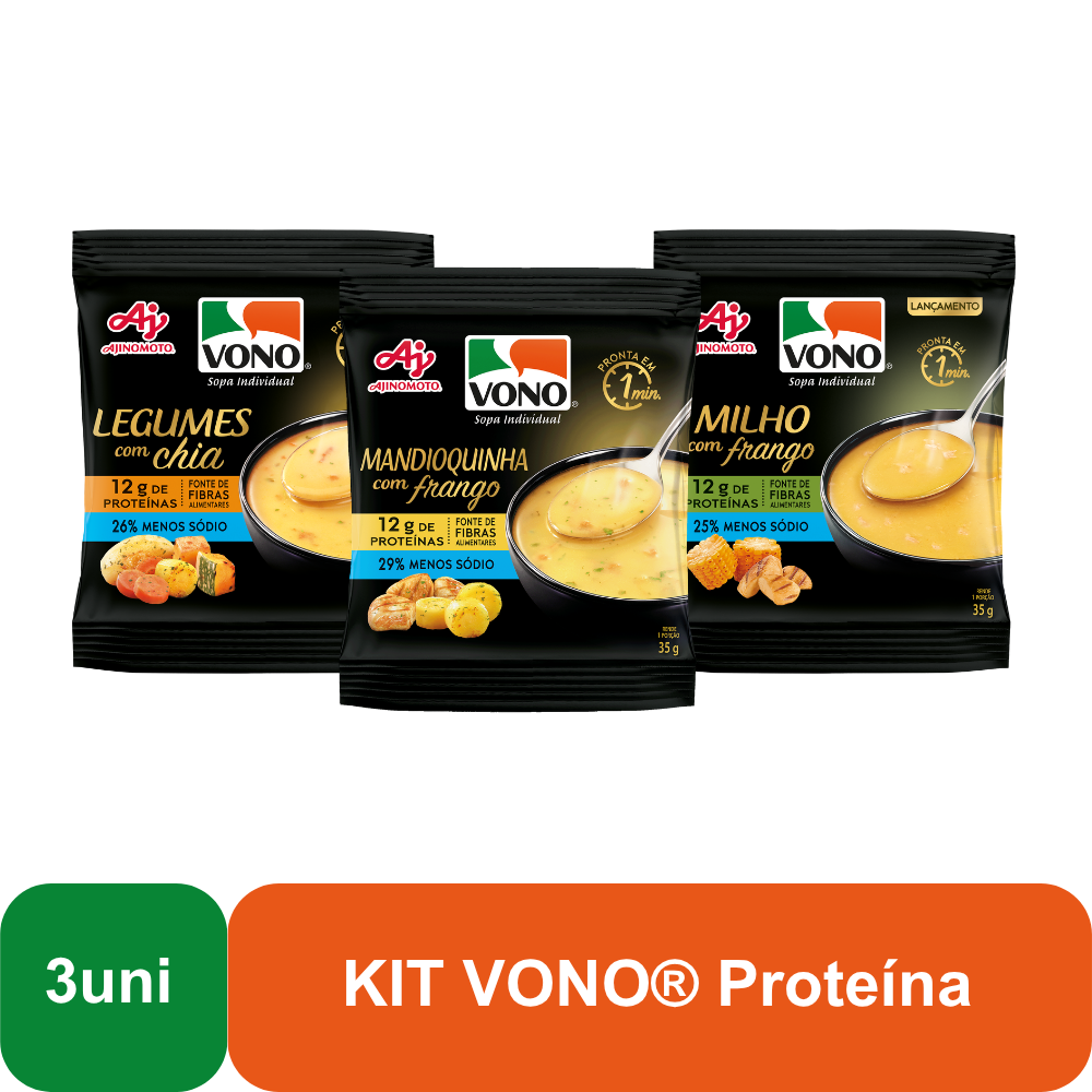 Kit Sopas Cremosas VONO® Proteína 3 Sabores | Mandioquinha com Frango, Milho com Frango e Legumes com Chia
