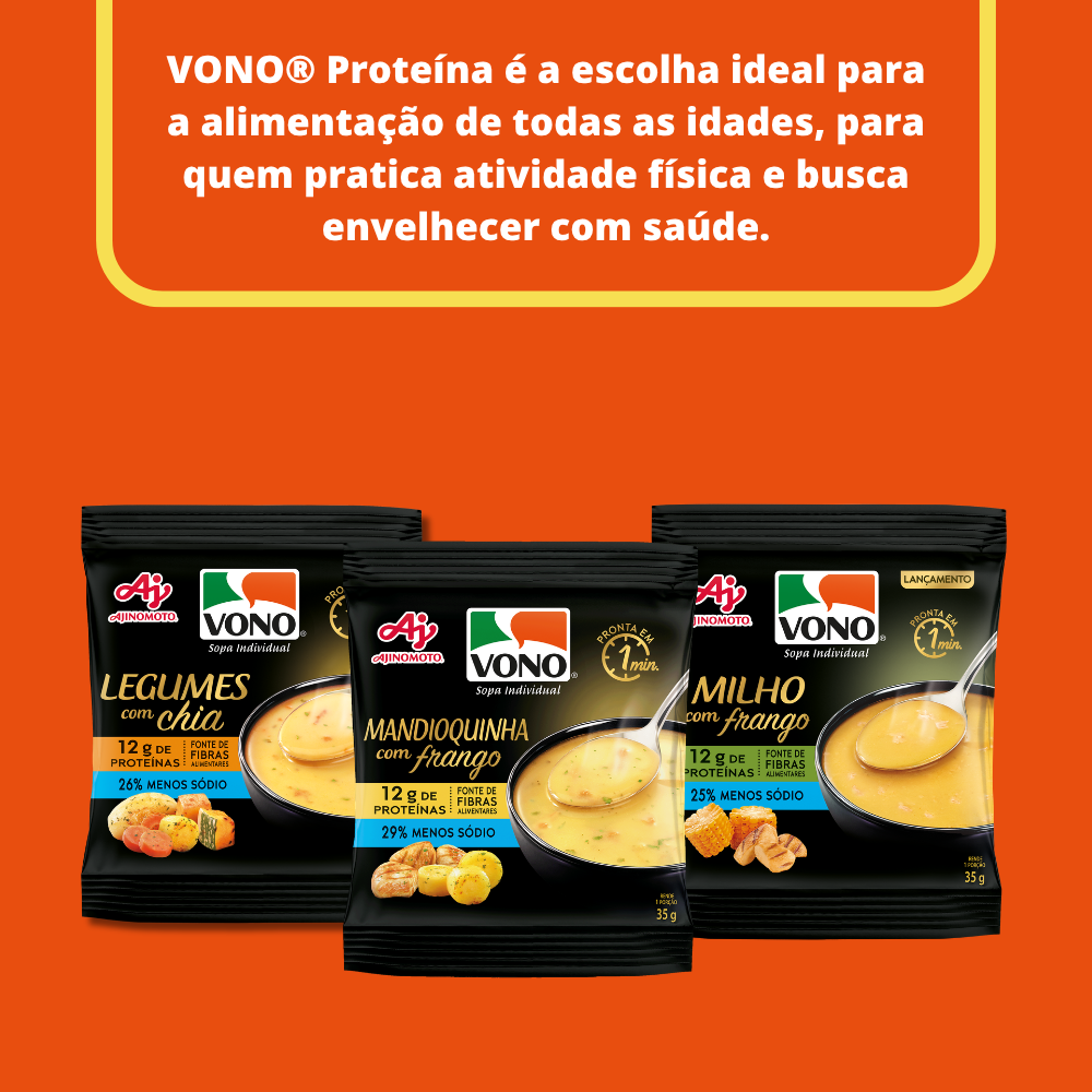 Kit Sopas Cremosas VONO® Proteína 3 Sabores | Mandioquinha com Frango, Milho com Frango e Legumes com Chia