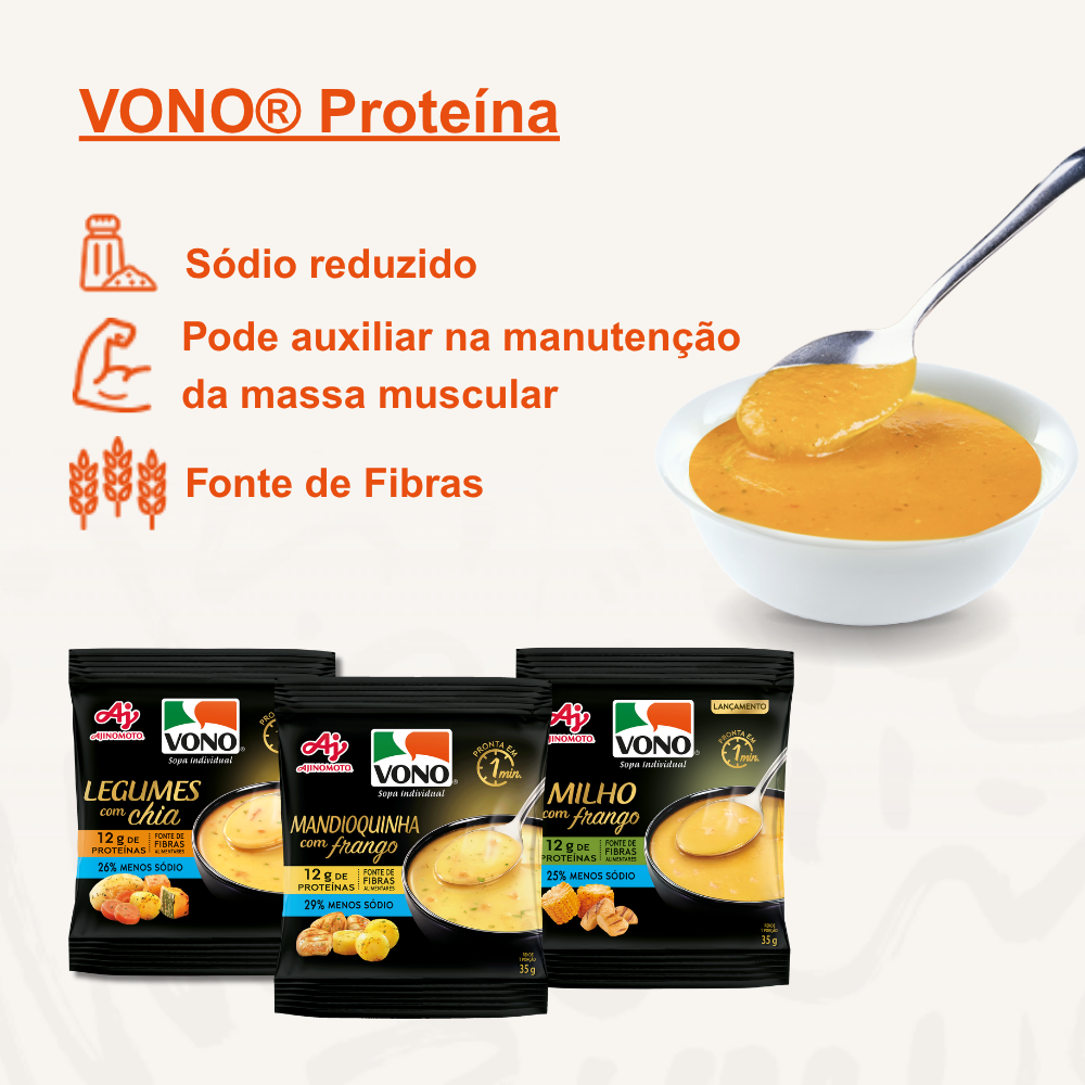 Kit Sopas Cremosas VONO® Proteína 3 Sabores | Mandioquinha com Frango, Milho com Frango e Legumes com Chia