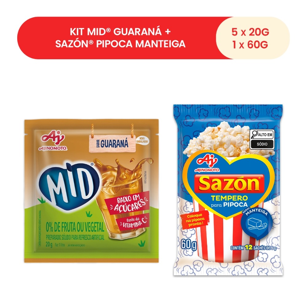 Kit MID® Guaraná + SAZÓN® Pipoca Manteiga - 5 Refrescos 20g + 1 Tempero 60g