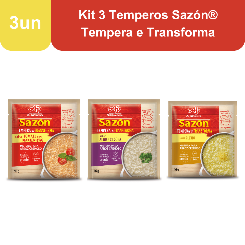 Imagem do produto Kit 3 Temperos Sazón® Tempera e Transforma Ajinomoto – Alho e Cebola, Queijo e Tomate