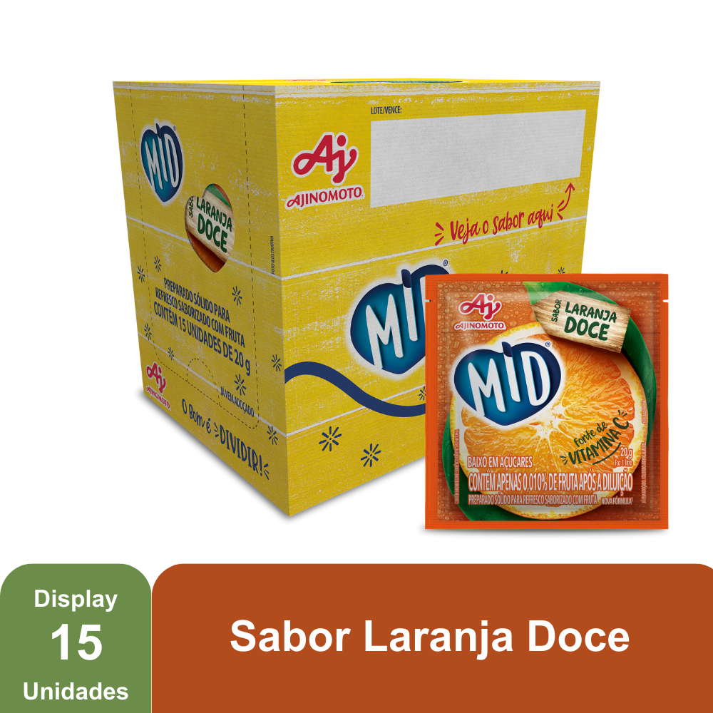 Imagem do produto Kit Refresco em Pó MID® Sabor Laranja Doce Com 15 Unidades de 20g