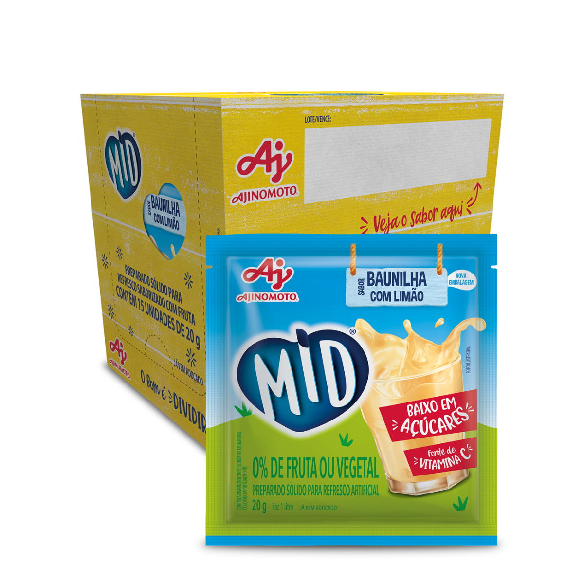 Kit Refresco em Pó MID® Sabor Baunilha Com Limão Com 15 Unidades de 20g