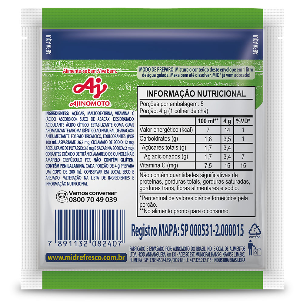 Kit Refresco em Pó MID® Sabor Abacaxi Com 15 Unidades de 20g