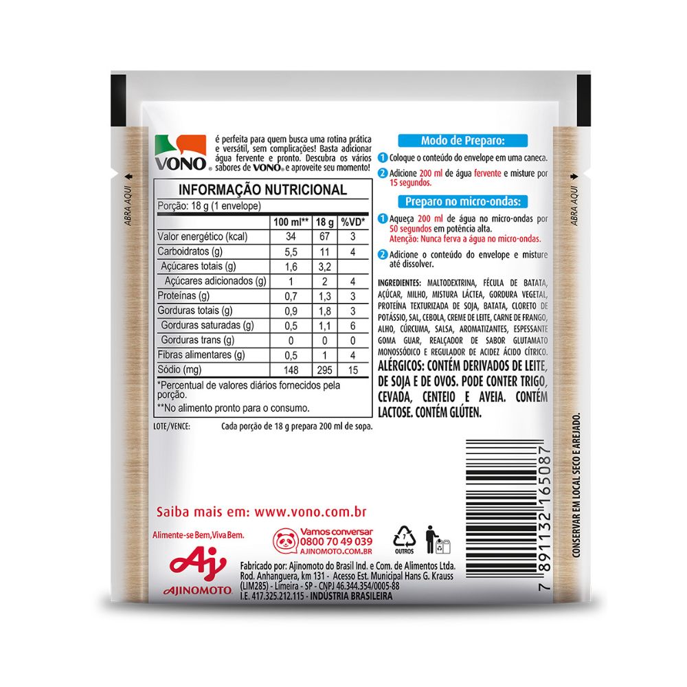 SOPA CREMOSA VONO® SABOR MILHO COM FRANGO MENOS SÓDIO 18G